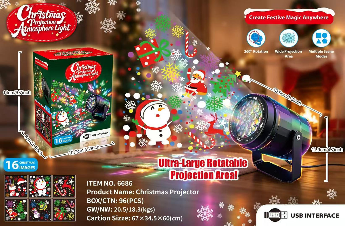 LED Weihnachts-Projektor mit 16 Motiven, 360° drehbar